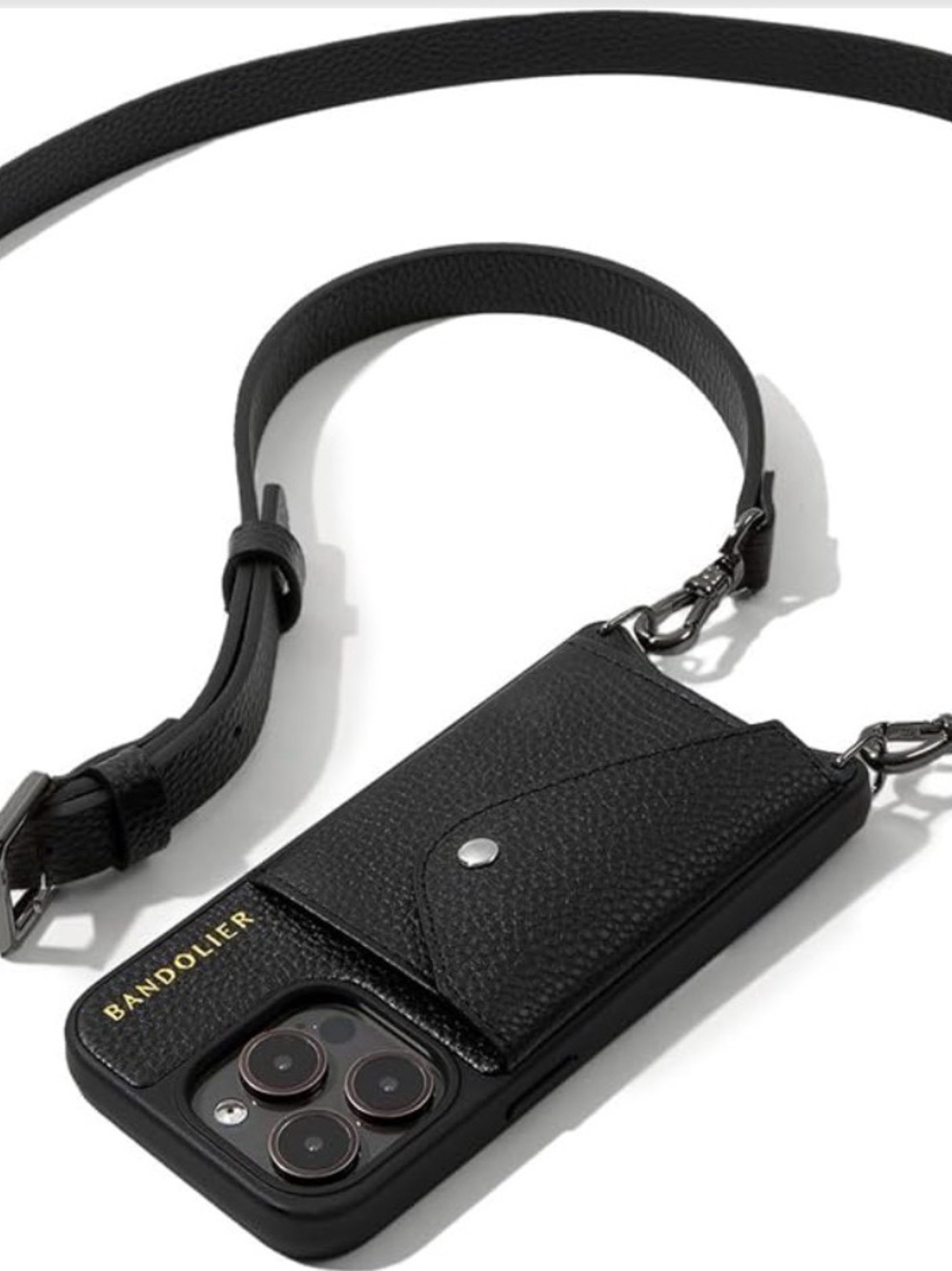 Bandolier Black Leather Crossbody Phone Case with Detachable Strap 15 Pro - Picture 9 of 11